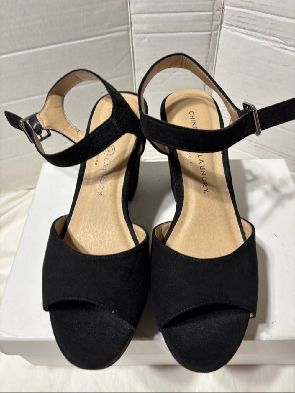 Chinese Laundry Black Suede Slingback platform heels with Silver Buckle. NWOT